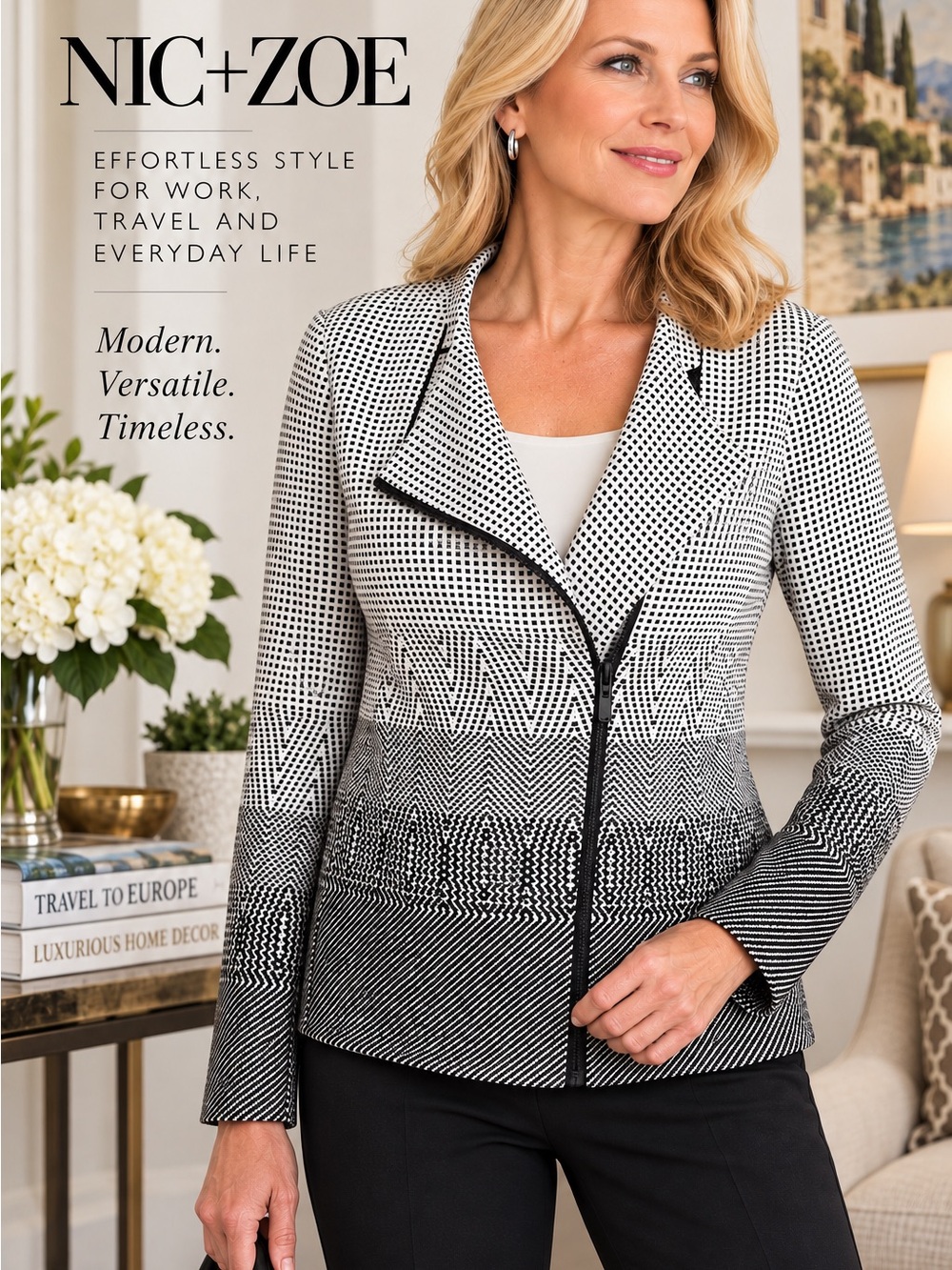 NWT NIC+ZOE PP 2P Petite 100% Cotton Black White Moto Zip Jacket